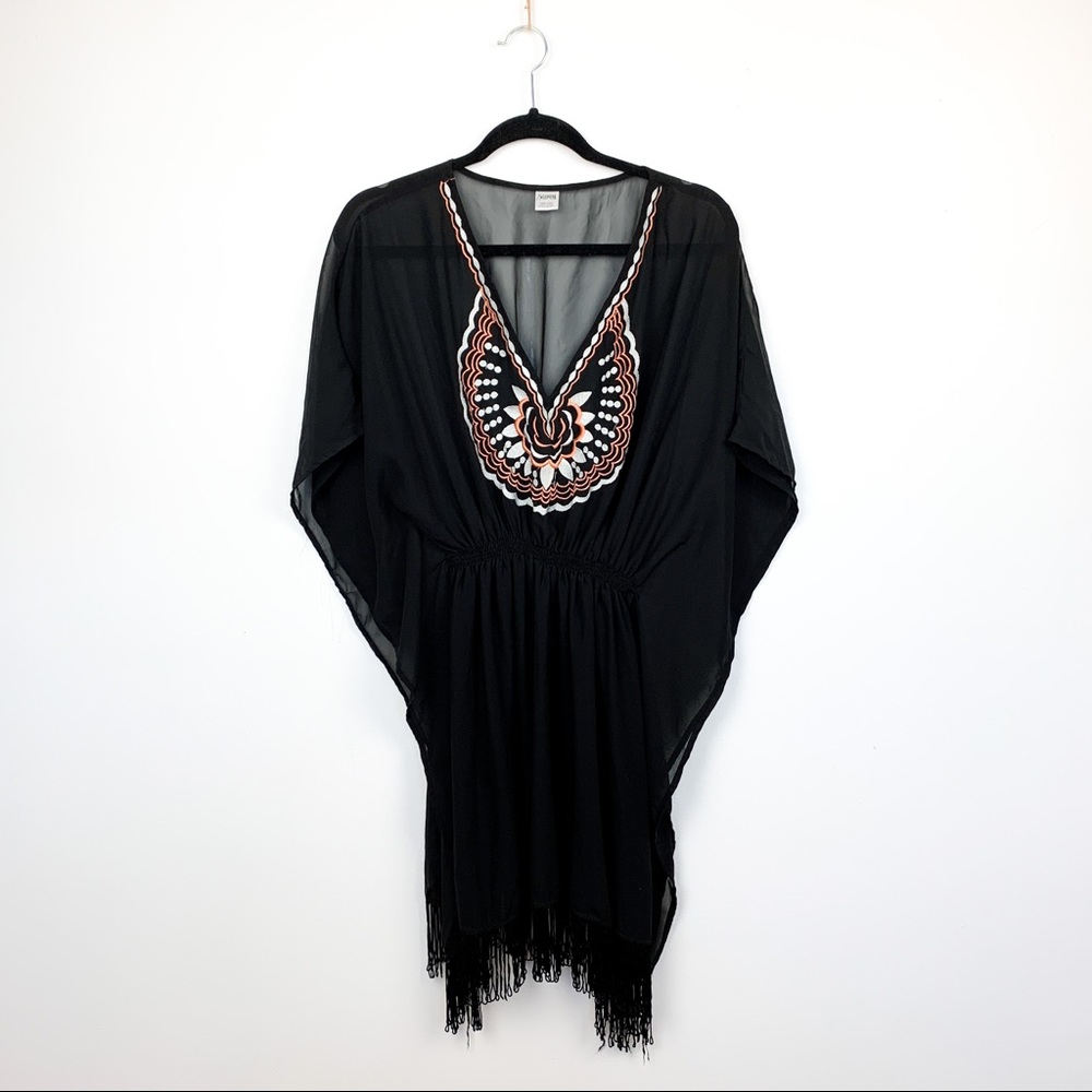 Black Sheer Beach Swim Coverup with Fringe
